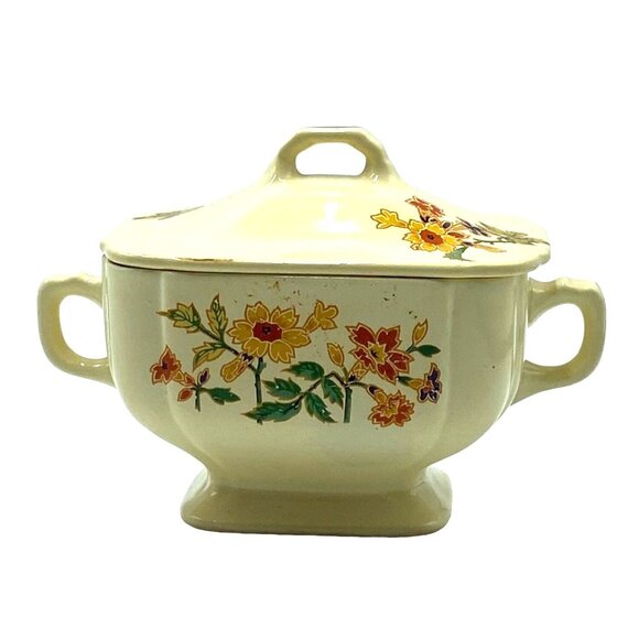 Homer Laughlin1930s Lidded Sugar Bowl Columbine Century Floral Pottery Ceramic W - Picture 1 of 10
